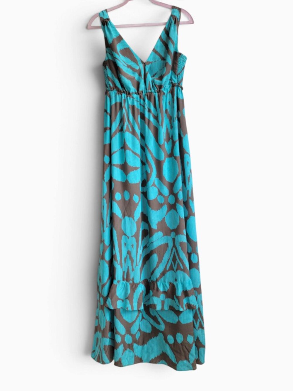 Banana Republic 100% Silk Maxi Dress 4 Turquoise Brown Ruffle Boho Resort